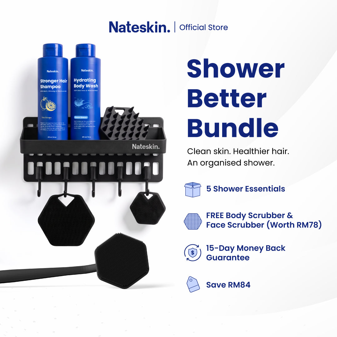 Nateskin Shower Better Bundle promotional graphic showing a black wall-mounted organizer with two blue shower bottles, a black scrubber, and three hexagonal sponge pieces, alongside marketing text on a white background.