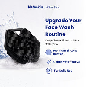 Nateskin face wash brush shown on a white background with water splash graphics and promotional text highlighting premium silicone bristles and gentle yet effective cleansing.