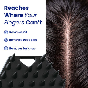 A black silicone scalp massage brush with pointed nubs is shown against a close-up of dark hair and text that reads 'Reaches Where Your Fingers Can't' with bullet points about removing oil, dead skin, and build-up.