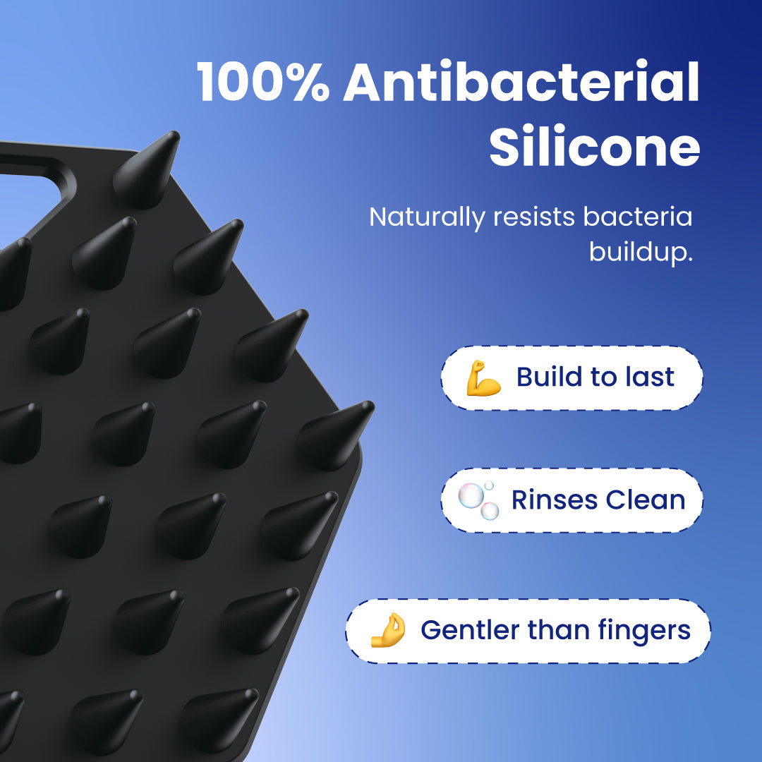 A close-up of a black silicone scrubber with raised conical nubs on a blue gradient background, with marketing text reading '100% Antibacterial Silicone' and feature callouts: 'Build to last,' 'Rinses Clean,' and 'Gentler than fingers.'.