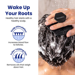 A split promotional graphic for the Nateskin Wake Up Your Roots scalp stimulator. The left side features text and icons explaining benefits like scalp stimulation and fuller-looking hair.