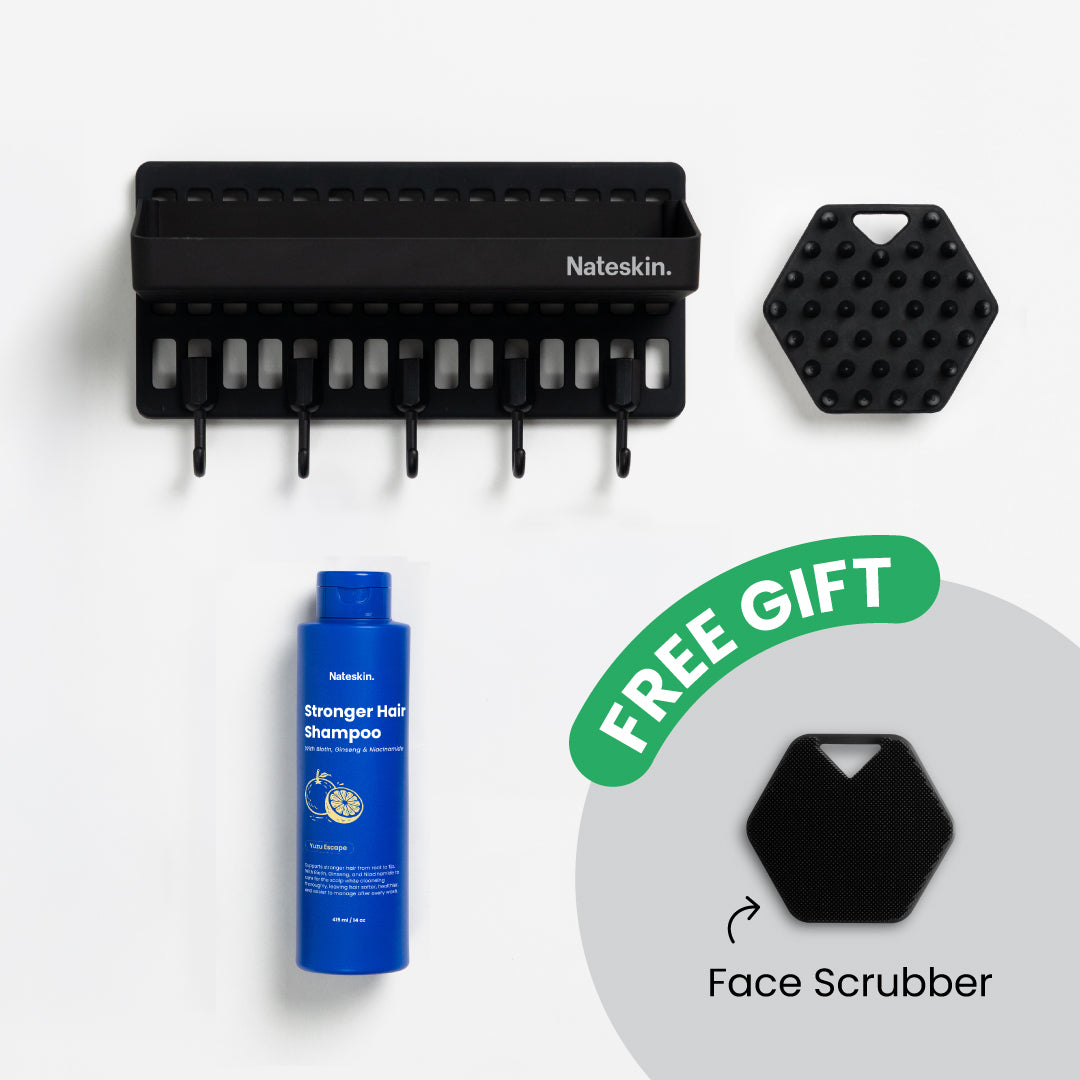 Nateskin Scalp Care Bundle on a white background: black shower rack with five hooks, scalp scrubber, Stronger Hair Shampoo bottle, and a free gift face scrubber